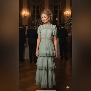 Ivy City Co Green Ruffled Midi Dress with Puff Sleeves New